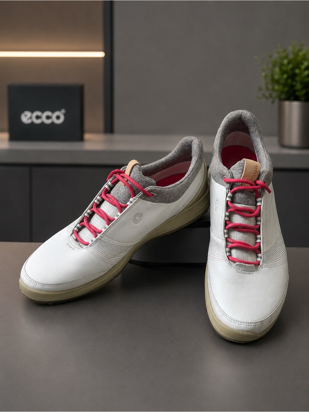 ECCO Women's White Sneakers with Pink Laces and Gray Trim
